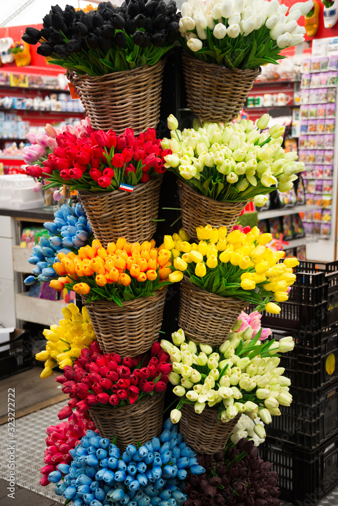 Many tulip flowers bouquets on sale in a Dutch shop