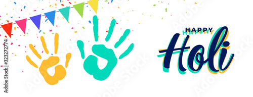 happy holi hand prints attractive banner design