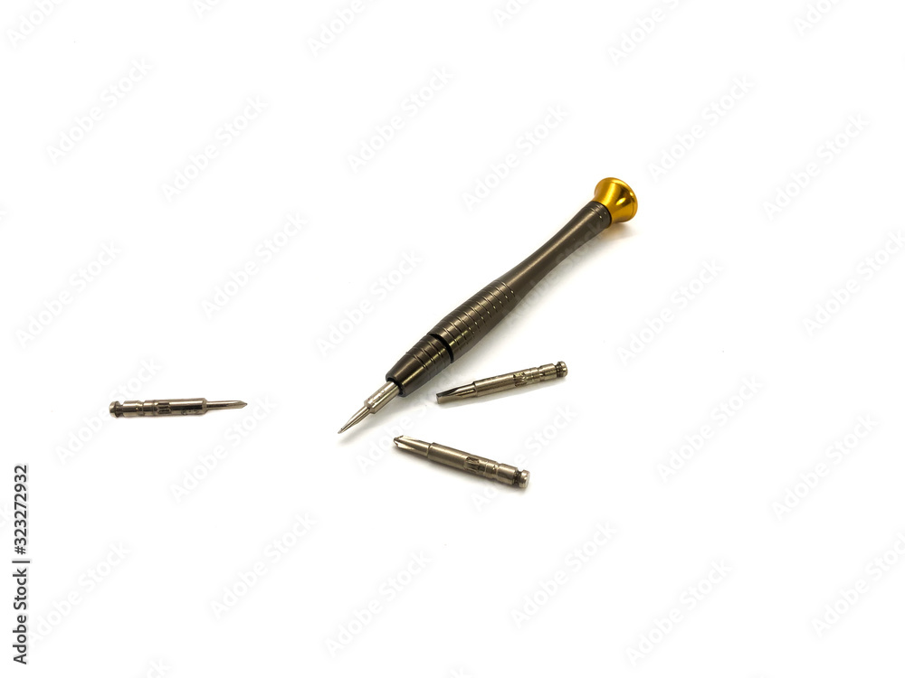 Set of screwdrivers isolated on a white background. Magnetic screwdrivers. A set of small screwdrivers. Work tool. Screwdrivers for phone, watch repair. Set of screwdrivers isolated on a white background. Magnetic screwdrivers. A set of small screwdrivers. Work tool. Screwdrivers for phone, watch repair.