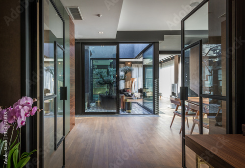 Interior of a luxury open plan apartment with fireplace