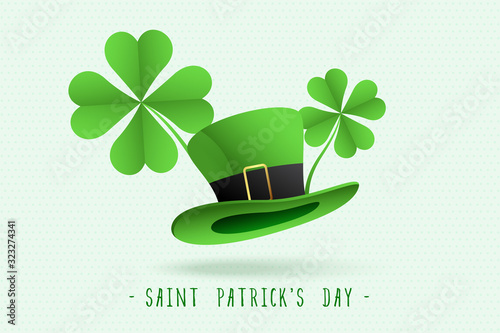 st patricks leprechaun hat and clover leaves background