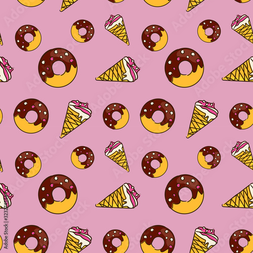 Pink seamless pattern with sweets - ice cream and chocolate glazed donuts