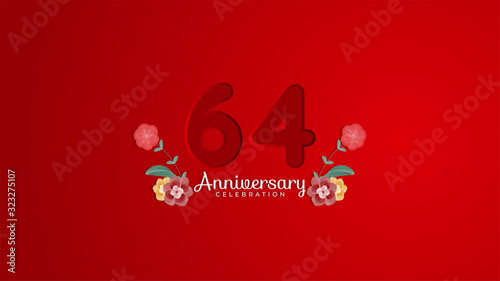 64th Anniversary celebration. Emboss number with Gradient red background and flowers decoration. Modern elegant simple background design vector EPS 10. Can be used for company or wedding.