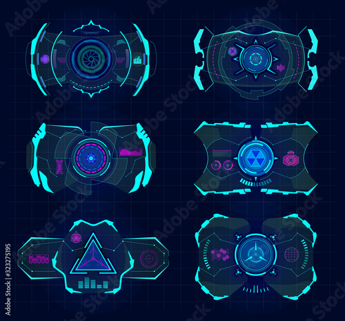 Futuristic virtual screen. Hud technology frame, virtual tracking aim, hud digital device interfaces. Computer hud vr future display, smart glasses vector illustration set
