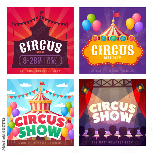 Circus card set. Promotion banners square shape on theme Circus. Design of advertising in social networks. Carnival, show. Vector cartoon illustration