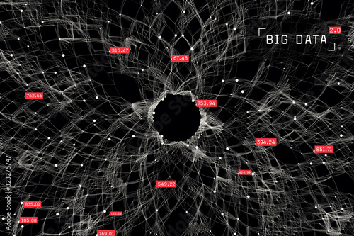 Big data visualization. Futuristic global data network. Visual information complexity. Big data analytics representation. 