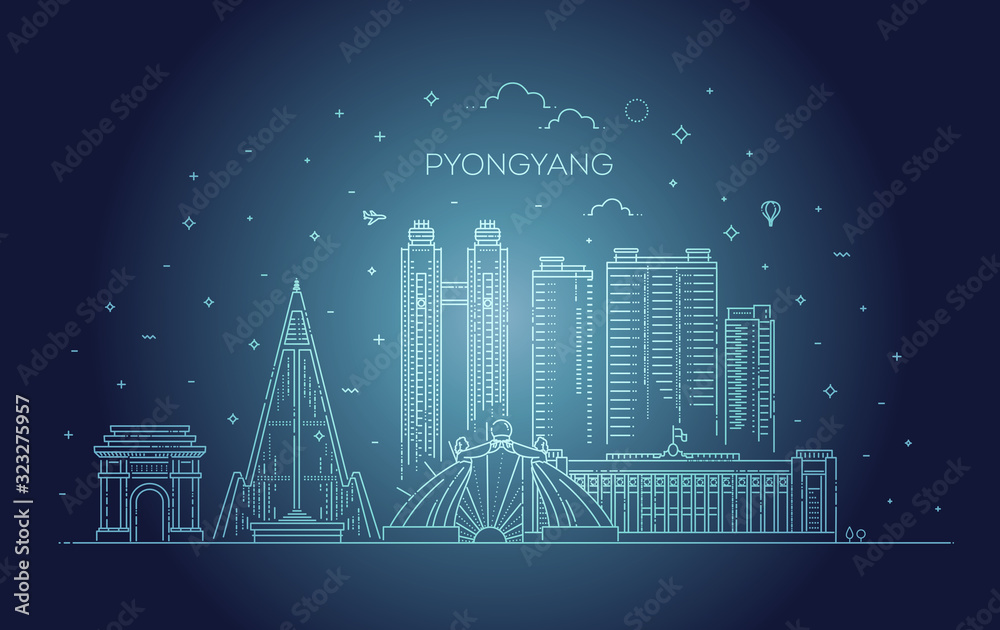 North Korea, Pyongyang line skyline vector illustration