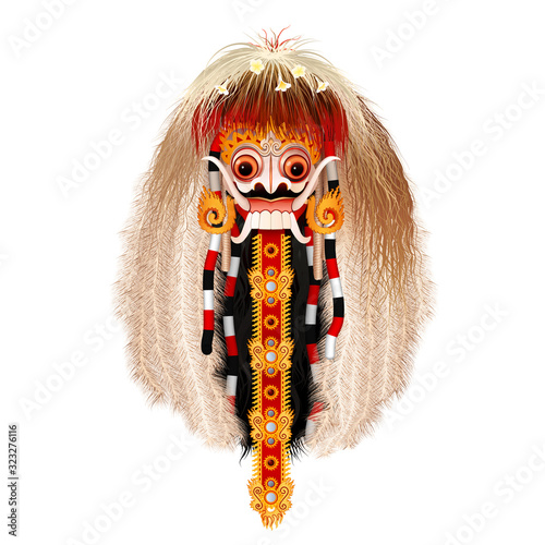 Balinese traditional demon Rangda mask of Barong dance performance, vector illustration isolated on white background