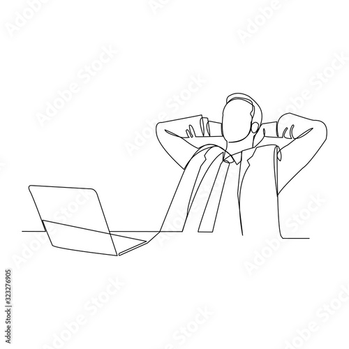 Continuous line drawing of businessman thinking and dreaming with laptop. Vector illustration.