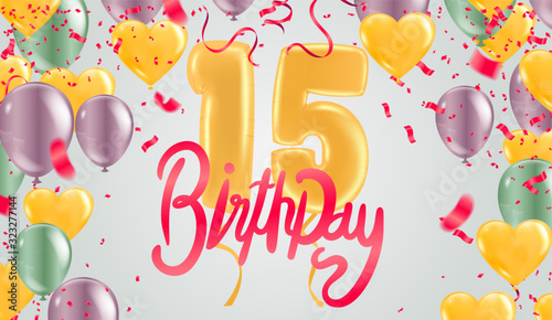 Happy 15th birthday colorful party balloons background