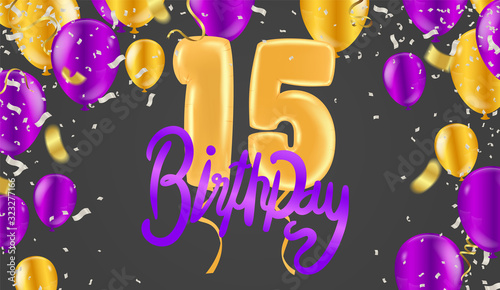 Happy 15th birthday colorful party balloons background