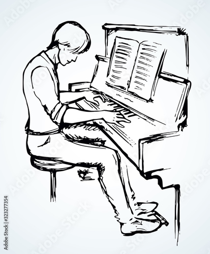 A young guy plays the piano. Vector drawing