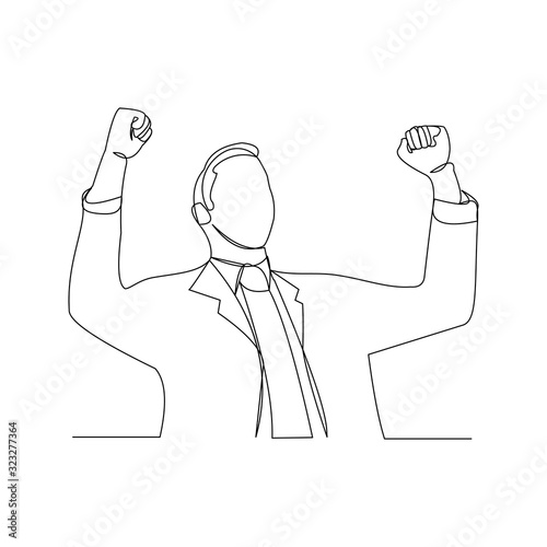 Continuous line drawing of cheering businessman holding fists. One line art concept of business success. Vector illustration.