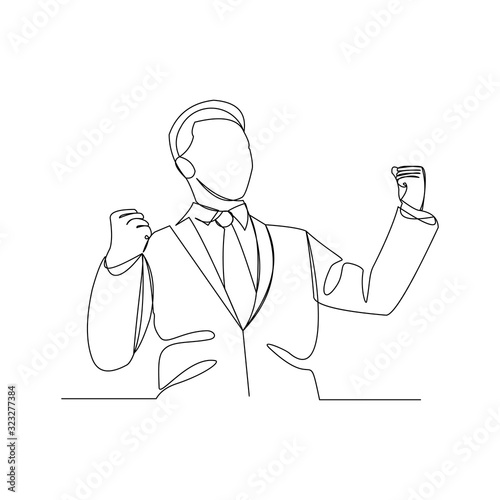 Continuous line drawing of cheering businessman holding fists. One line art concept of business success. Vector illustration.