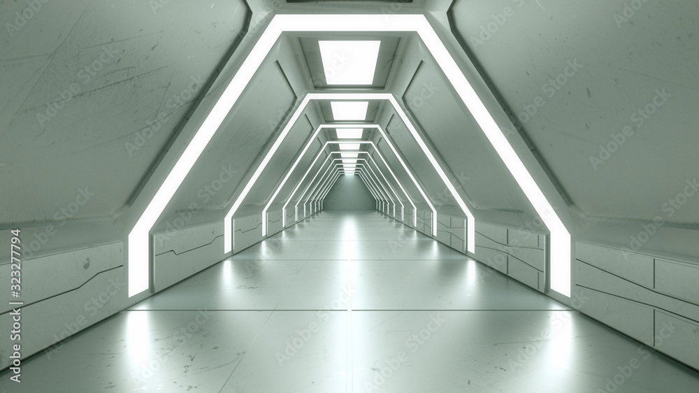 Naklejka premium Renderowania 3D. Futurystyczna architektura korytarza scifi statku kosmicznego
