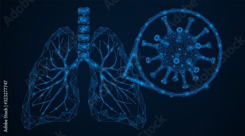 SARS virus, a coronavirus in the human lungs. An enlarged type of bacteria that affects the respiratory organ. Low-poly triangular grid. 3D vector illustration.