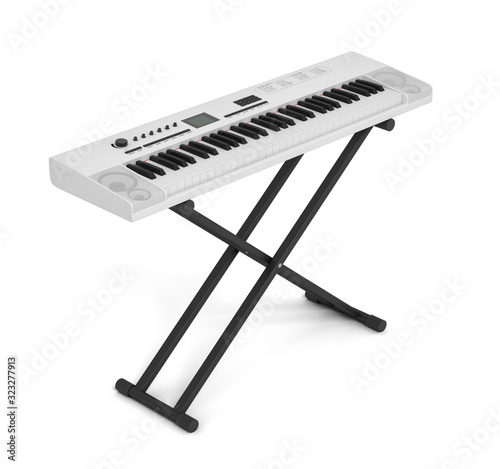 white synthesizer, electronic piano, musical instument isolated on white background 3d rendering