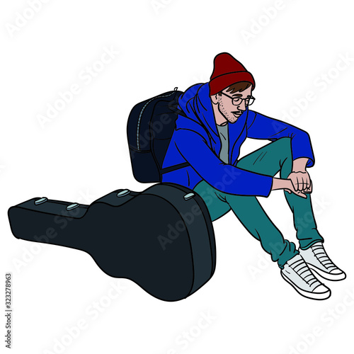 Comic illustration of a young man, sitting sadly on the floor and crossing his arms. music, guitar, young, hipster, hat, backpack, tourist.