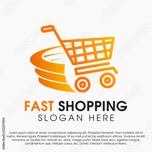 Fast shopping concept logo design template. Shopping cart vector illustration isolated on white background. Shopping cart in motion logo design. Shopping cart swoosh wind logo design template.