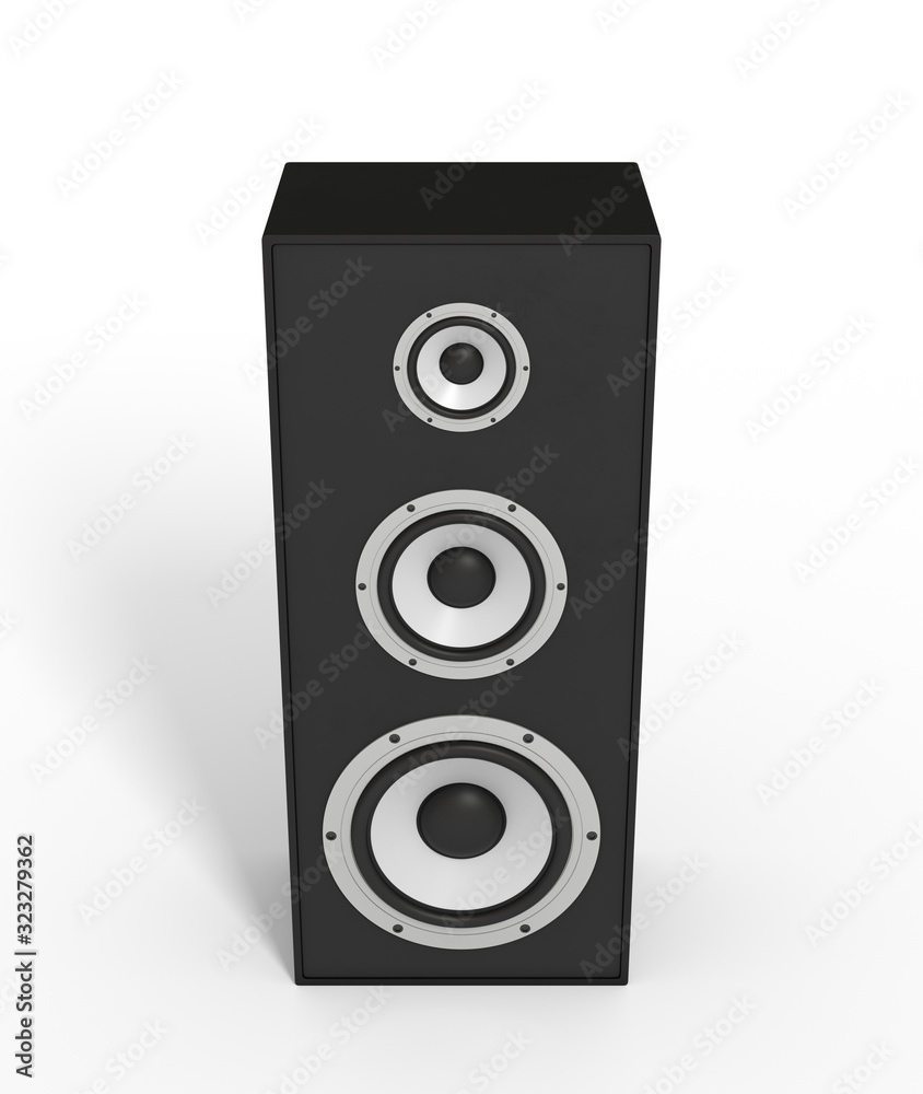 black stereo box speakers on white background. sound equipment. audio appliances. 3d rendering black stereo box speakers on white background. sound equipment. audio appliances. 3d rendering
