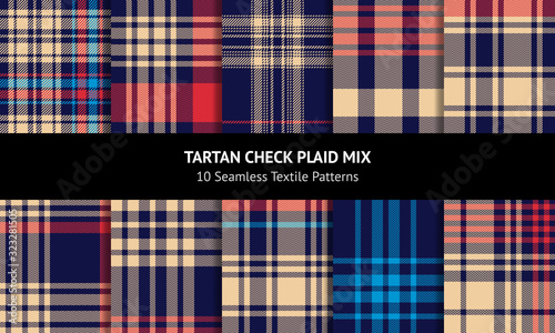 Plaid pattern set. Seamless herringbone and striped dark mutlcillored check plaid in blue, red, beige for flannel shirt, blanket, throw, duvet cover, or other autumn winter fabric design.