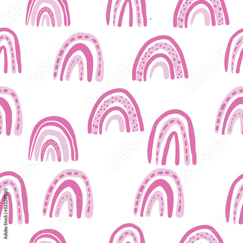 Pink Rainbow Scandanvian Style Repeat Pattern. Childish seamless pattern with hand drawn rainbow scribbles and dots. Trendy kids vector background.