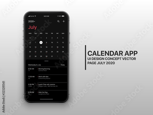 Calendar App Page July 2020 with To Do List and Tasks UI UX Design Mockup Dark Mode Realistic Vector Frameless Smartphone Screen Isolated on White Background. Planner Application Template Mobile Phone