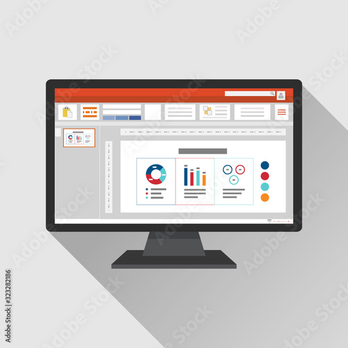 Slideshow presentation software computer screen with financial accounting set. Business slide templates with diagram and chart. Use for planning, accounting, analysis, audit and project management