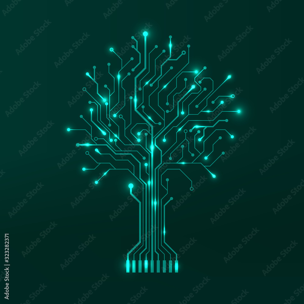 Circuit tree on green background. Modern hardware design. Science and technology concept. Computer motherboard system. Vector