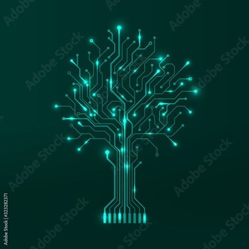 Circuit tree on green background. Modern hardware design. Science and technology concept. Computer motherboard system. Vector