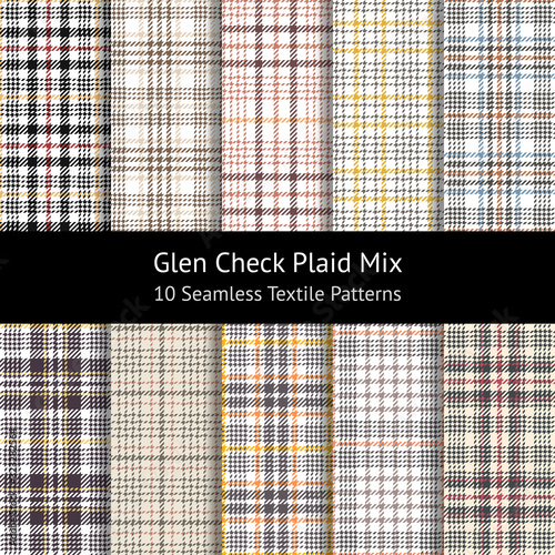 Glen check plaid pattern set. Seamless hounds tooth vector plaid background texture for jacket, dress, skirt, trousers, or other modern autumn or winter tweed textile design.