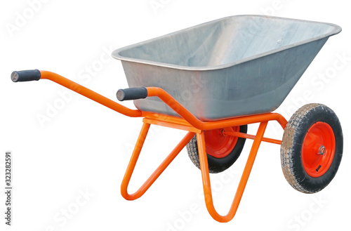 Fototapeta Garden metal wheelbarrow cart isolated on white