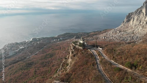 Temple of the Resurrection of Christ in Crimea from the height of a bird 's flight overlooking the sea and the city of Foros