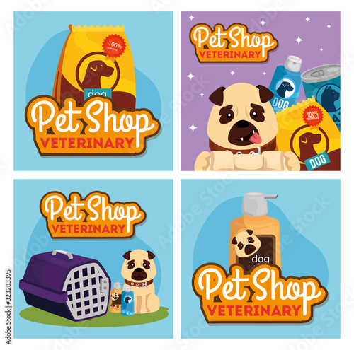 set poster of pet shop veterinary with icons vector illustration design