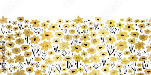 Seamless vector border metallic gold foil flower field. Metallic golden black white floral pattern. Repeating ditsy flower background. Summer or spring nature design. For elegant decor, footer, cards