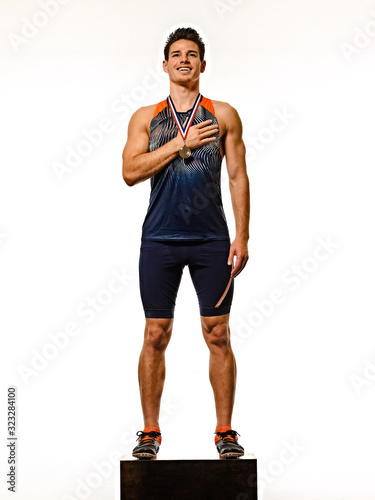 young man athletics athetle gold medalist isolated white background photo