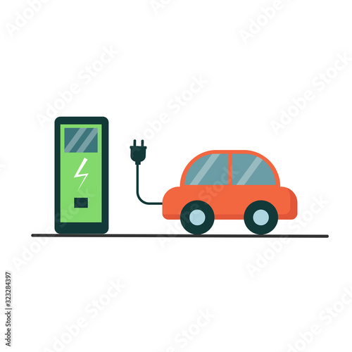 Electric car and gas station, symbol. Isolated on a white background. Stock vector graphics.