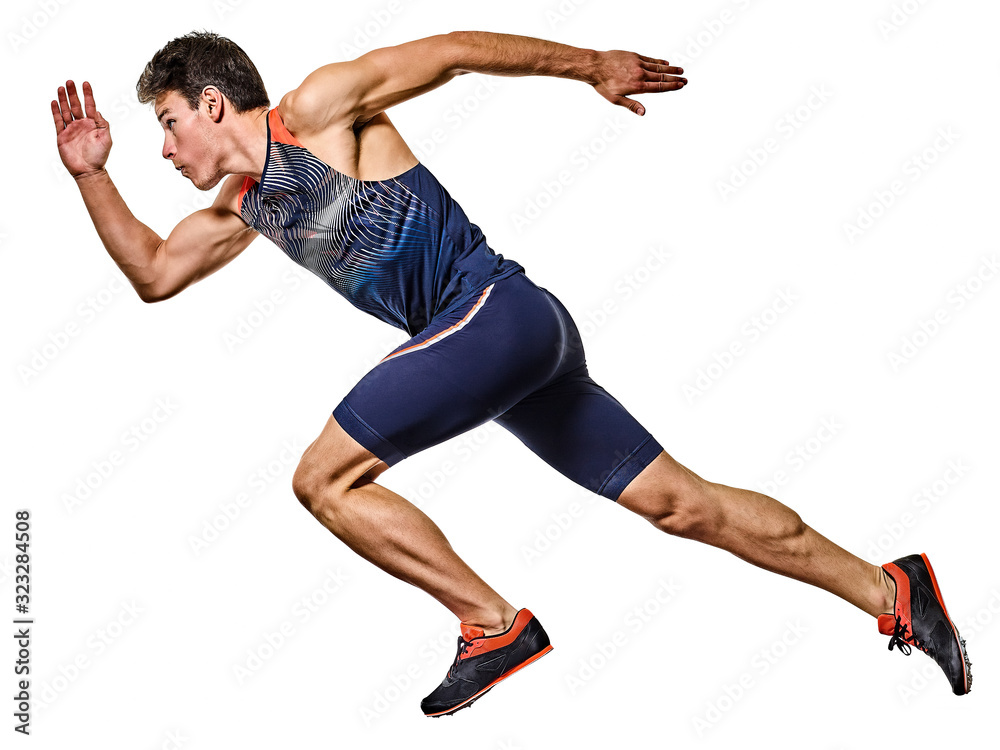 Fototapeta young man athletics runner running sprinter sprinting isolated white background