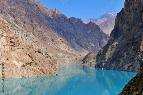 Attabad Lake a tourist hotspot in Gojal Valley, Hunza, Gilgit Baltistan on the Karakorum highway - Pakistan 2019