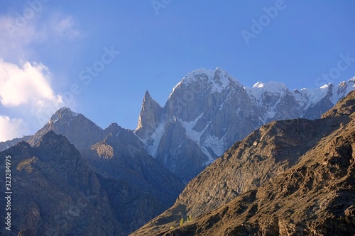 Bublimating or Ladyfinger Peak a distinctive rock spire in the Batura Muztagh, the westernmost subrange of the Karakoram range in Pakistan