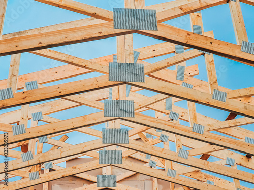 Roofing Construction. Wooden Roof Frame House Construction. House Building Frame.