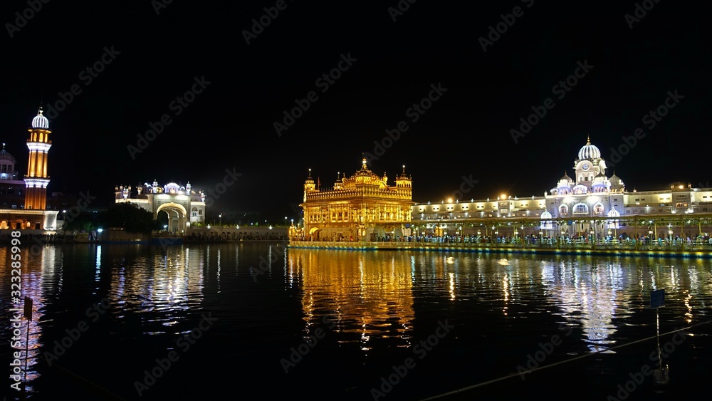 The Golden Temple (Harmandir Sahib) at night. The holiest Gurdwara and the most important pilgrimage site of Sikhism