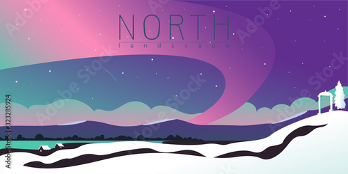 Beautiful night landscape with northern lights. Trendy vcetor illustration. Eps 10.