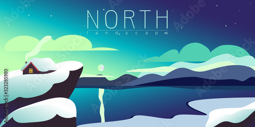 Beautiful landscape of the north. Moon, house, mountains, lake. Trendy vector illustration. Eps 10.
