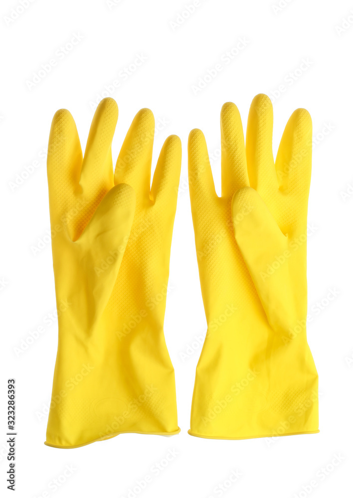 Obraz premium Yellow rubber gloves for cleaning isolated on white background.