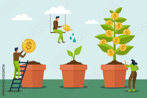 People watering money tree and grow up