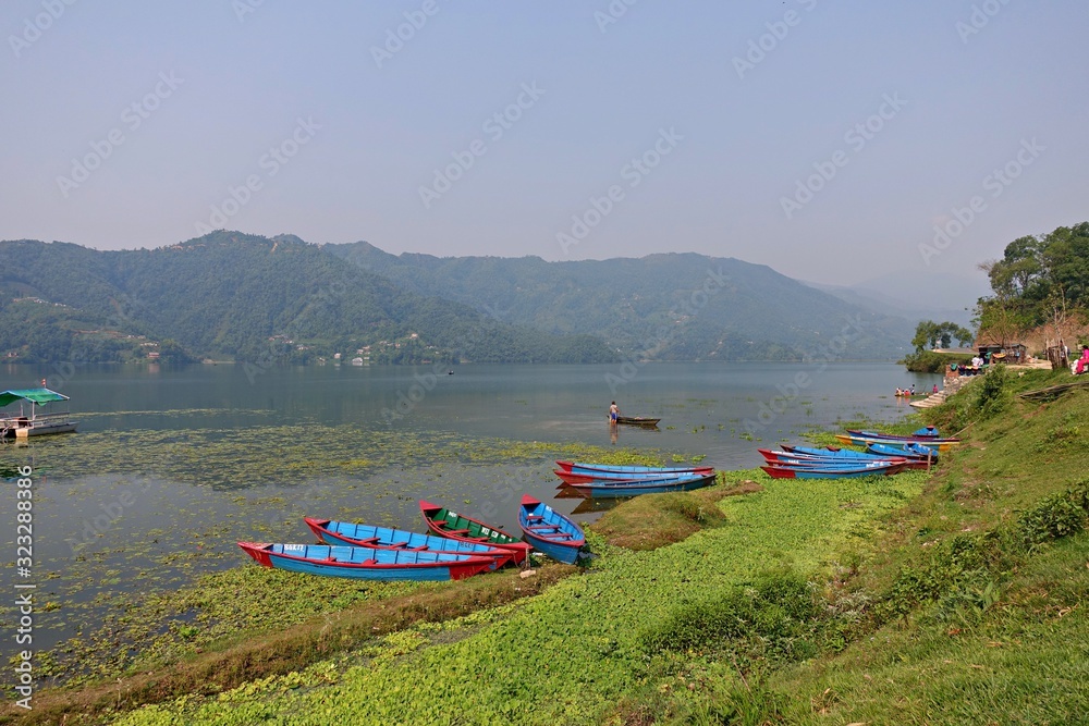 Colorful boats in Phewa Lake, Pokhara Nepal 2019