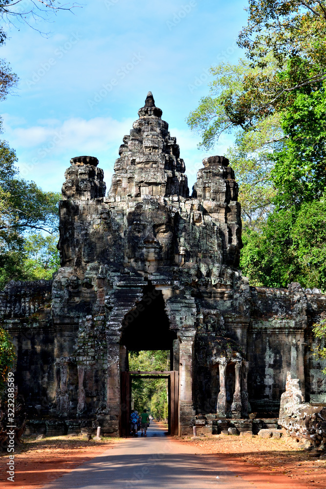 View of the magnificent entrance to the complex of Angkor Thom