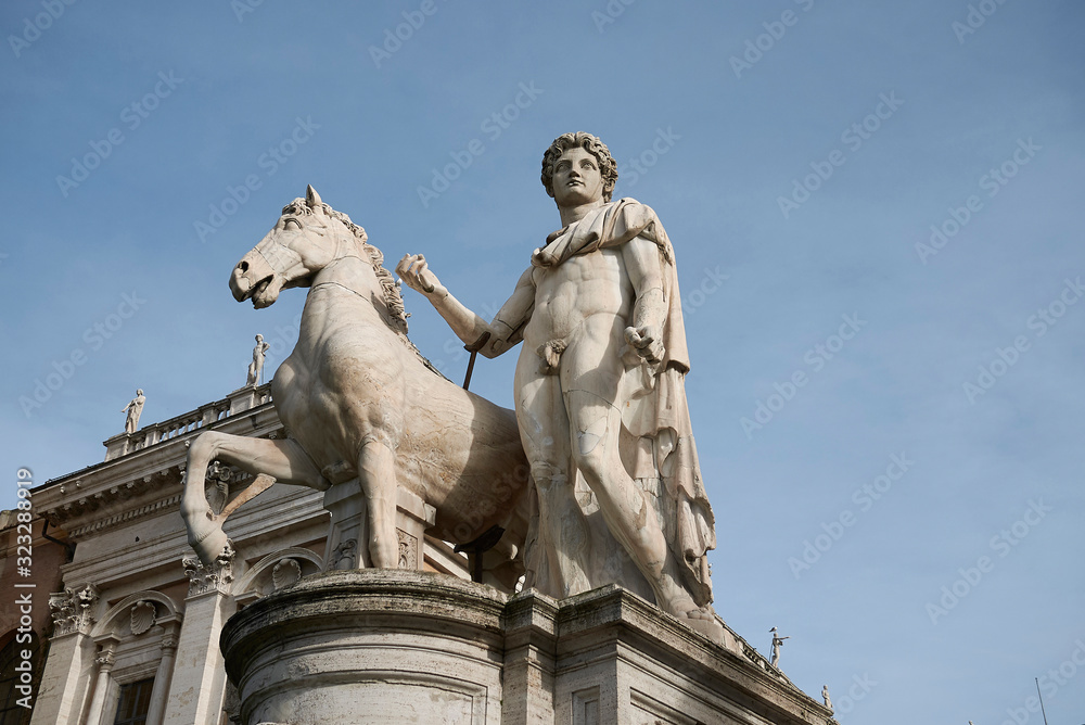 Rome, Italy - February 03, 2020 : Statue of the Capitoline Hill cordonata