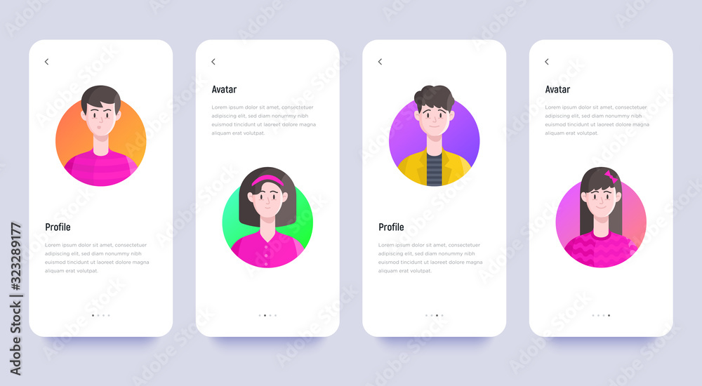 Mobile user interface with people avatars, caucasian, young happy people in casual clothing. Vector illustration in flat style for comments, review.